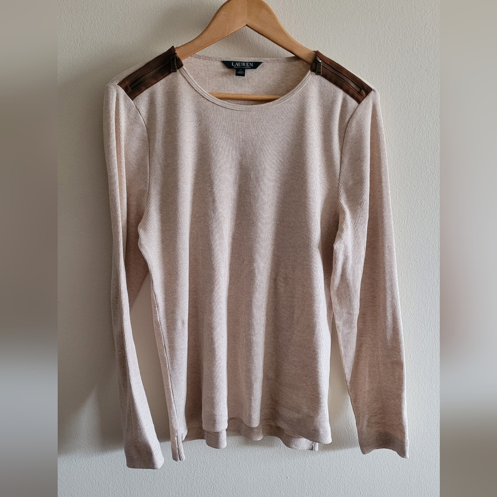 Ralph Lauren Ribbed Cotton Zippered Shoulder Top, Women's XL, Oatmeal